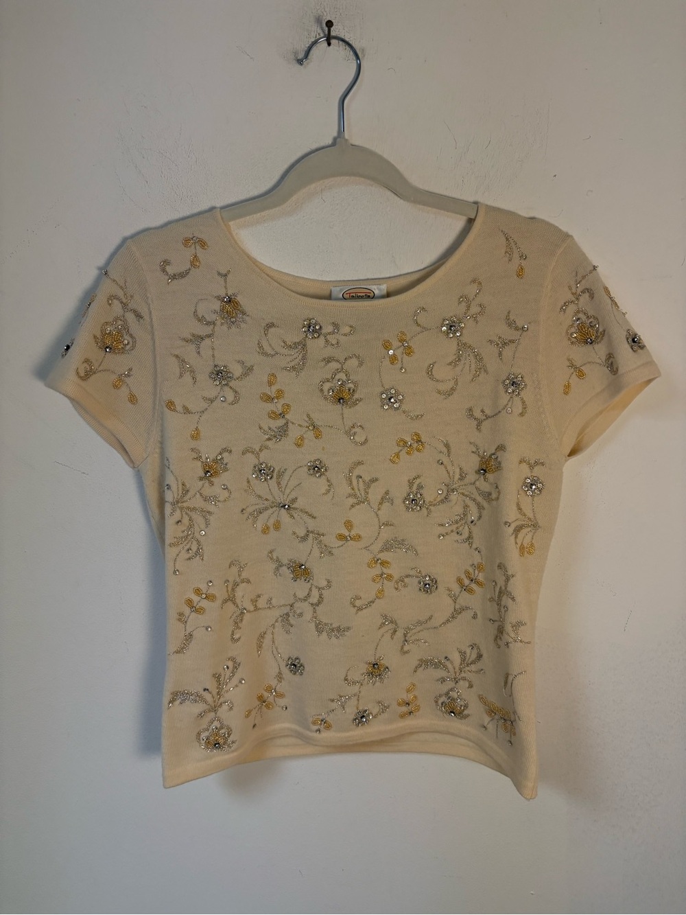 Talbots short sleeve merino wool intricate silver & gold beadwork SP